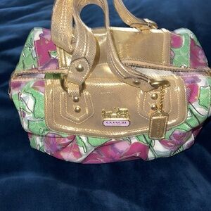 Coach Gold and Pink Floral Satchel
